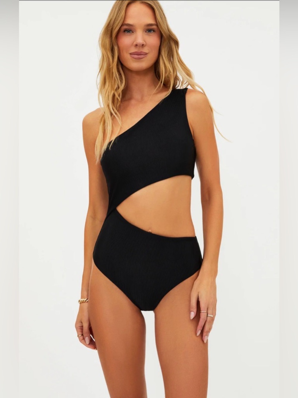 Beach Riot Celine One Shoulder Black Ribbed Cutout One Piece Swimsuit